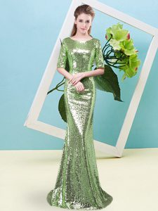 Sequined Zipper Scoop Half Sleeves Floor Length Prom Gown Sequins