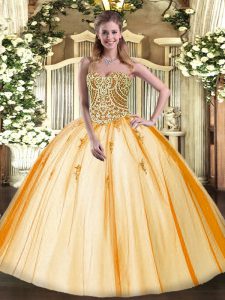 Gold Tulle Lace Up Sweetheart Sleeveless Floor Length Quinceanera Gowns Beading