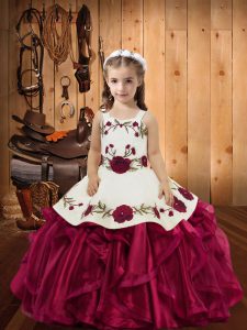 Simple Embroidery and Ruffles Custom Made Pageant Dress Red Lace Up Sleeveless Floor Length