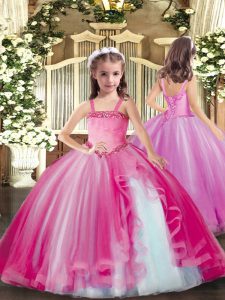 Hot Sale Straps Sleeveless Tulle Winning Pageant Gowns Appliques Lace Up