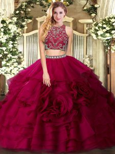 Vintage Fuchsia Sleeveless Beading and Ruffled Layers Floor Length Quinceanera Gowns