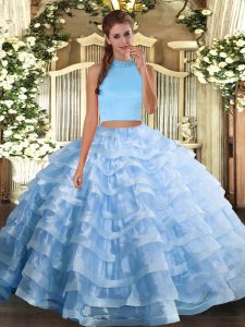 Clearance Floor Length Backless Ball Gown Prom Dress Light Blue for Military Ball and Sweet 16 and Quinceanera with Bead