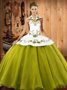 Sleeveless Floor Length Embroidery Lace Up 15th Birthday Dress with Olive Green