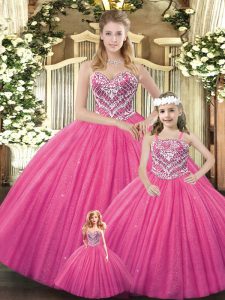 High Class Floor Length Hot Pink Quinceanera Gowns Tulle Sleeveless Beading