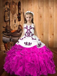 Gorgeous Fuchsia Lace Up Straps Embroidery and Ruffles Kids Pageant Dress Organza Sleeveless