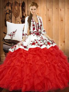 Fancy Red Sweetheart Neckline Embroidery and Ruffles Sweet 16 Dress Sleeveless Lace Up