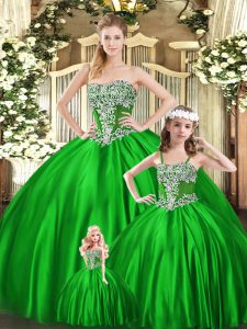 Green Ball Gowns Beading 15 Quinceanera Dress Lace Up Organza Sleeveless Floor Length