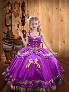Lilac Sleeveless Floor Length Beading and Embroidery Lace Up Little Girls Pageant Dress