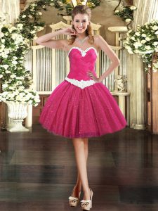 Fine Fuchsia Ball Gowns Tulle Sweetheart Sleeveless Appliques Mini Length Lace Up