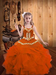 Orange Red Ball Gowns Embroidery and Ruffles Kids Formal Wear Lace Up Organza Sleeveless Floor Length