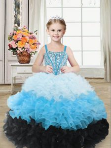 Sweetheart Sleeveless Child Pageant Dress Floor Length Beading and Ruffles Multi-color Organza