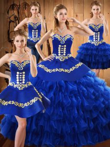 New Arrival Blue Tulle Lace Up Sweetheart Sleeveless Floor Length Quinceanera Gowns Embroidery and Ruffled Layers