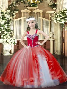 Eye-catching Floor Length Red Little Girl Pageant Dress Straps Sleeveless Lace Up