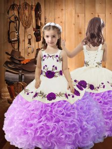 Inexpensive Lilac Ball Gowns Embroidery and Ruffles Winning Pageant Gowns Lace Up Fabric With Rolling Flowers Sleeveless