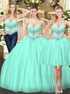 Latest Apple Green Tulle Lace Up Ball Gown Prom Dress Sleeveless Floor Length Beading