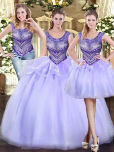 Vintage Tulle Scoop Sleeveless Lace Up Beading and Ruffles 15th Birthday Dress in Lavender