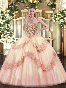 Pink Sleeveless Tulle Lace Up Sweet 16 Quinceanera Dress for Military Ball and Sweet 16 and Quinceanera