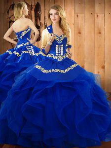 Blue Organza Lace Up Quinceanera Dresses Sleeveless Floor Length Embroidery and Ruffles