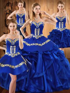 Beautiful Sweetheart Sleeveless Sweet 16 Dress Floor Length Embroidery and Ruffles Royal Blue Organza