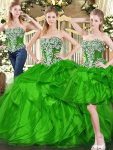 Green Three Pieces Organza Sweetheart Sleeveless Ruffles Floor Length Lace Up Quinceanera Gowns