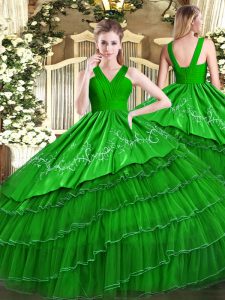 Exquisite Sleeveless Floor Length Embroidery and Ruffled Layers Zipper 15th Birthday Dress with Green