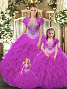 Luxury Ball Gowns 15 Quinceanera Dress Fuchsia Straps Tulle Sleeveless Floor Length Lace Up