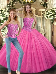 Pretty Hot Pink 15 Quinceanera Dress Military Ball and Sweet 16 and Quinceanera with Beading Sweetheart Sleeveless Lace 