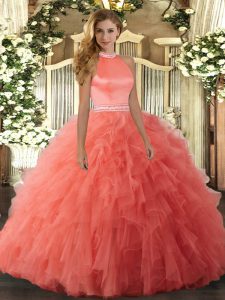 Fitting Orange Red Ball Gowns Organza Halter Top Sleeveless Beading and Ruffles Floor Length Backless Ball Gown Prom Dre