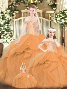 Orange Red Sleeveless Beading and Ruffles Floor Length Sweet 16 Dresses with Shawl