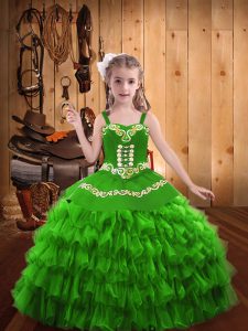 Straps Sleeveless Organza Little Girls Pageant Gowns Embroidery and Ruffled Layers Lace Up