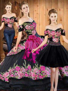 Inexpensive Black Short Sleeves Organza Lace Up Sweet 16 Dress for Military Ball and Sweet 16 and Quinceanera
