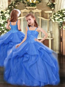 Blue Sleeveless Organza Lace Up Kids Pageant Dress for Party and Sweet 16 and Quinceanera and Wedding Party