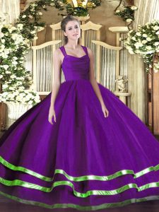 Noble Sleeveless Organza Floor Length Zipper Sweet 16 Dress in Purple with Beading and Ruffled Layers