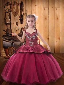 Red Lace Up Pageant Gowns For Girls Beading and Appliques Sleeveless Floor Length