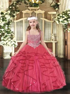 Coral Red Lace Up Pageant Dress for Girls Beading and Ruffles Sleeveless Floor Length