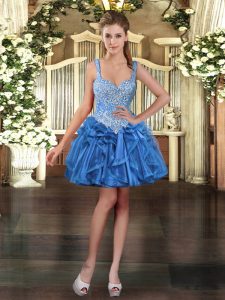 Custom Made Blue Lace Up Prom Gown Beading and Ruffles Sleeveless Mini Length