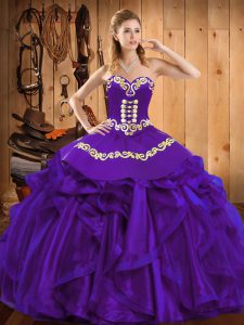Floor Length Purple Quinceanera Dresses Organza Sleeveless Embroidery and Ruffles
