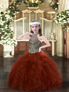 Rust Red Ball Gowns Organza Halter Top Sleeveless Beading and Ruffles Floor Length Lace Up Little Girl Pageant Dress