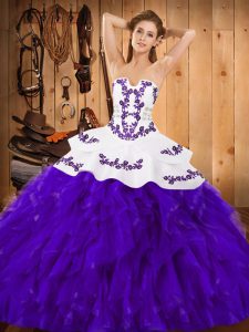 Hot Selling Sleeveless Floor Length Embroidery and Ruffles Lace Up Quinceanera Gowns with White And Purple