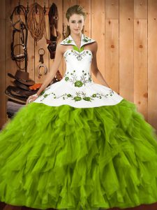 Flare Olive Green Ball Gowns Embroidery and Ruffles Quinceanera Gowns Lace Up Satin and Organza Sleeveless Floor Length
