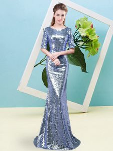 Dazzling Blue Mermaid Sequined Scoop Half Sleeves Sequins Floor Length Zipper Celebrity Prom Dress