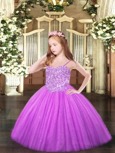 Lilac Tulle Lace Up Spaghetti Straps Sleeveless Floor Length Girls Pageant Dresses Appliques