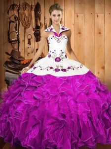 Wonderful Halter Top Sleeveless Satin and Organza Ball Gown Prom Dress Embroidery and Ruffles Lace Up