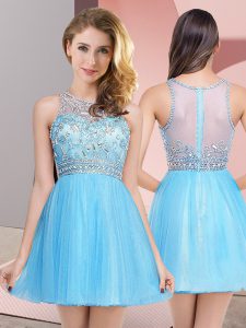 Affordable Mini Length Baby Blue Prom Dress Scoop Sleeveless Zipper