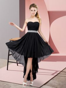 Enchanting Sleeveless Chiffon High Low Lace Up Quinceanera Dama Dress in Black with Beading