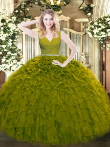 Fantastic Olive Green Tulle Zipper V-neck Sleeveless Floor Length 15 Quinceanera Dress Beading and Ruffles