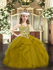 Straps Sleeveless Pageant Dress for Teens Floor Length Beading and Ruffles Brown Tulle