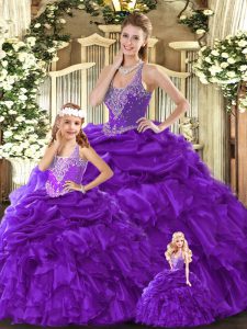 Flirting Sleeveless Floor Length Beading and Ruffles Lace Up 15 Quinceanera Dress with Purple
