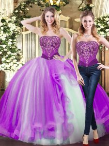 Sleeveless Tulle Floor Length Lace Up Sweet 16 Quinceanera Dress in Eggplant Purple with Beading and Ruffles
