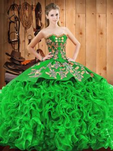 Green Sweet 16 Dresses Fabric With Rolling Flowers Court Train Sleeveless Embroidery